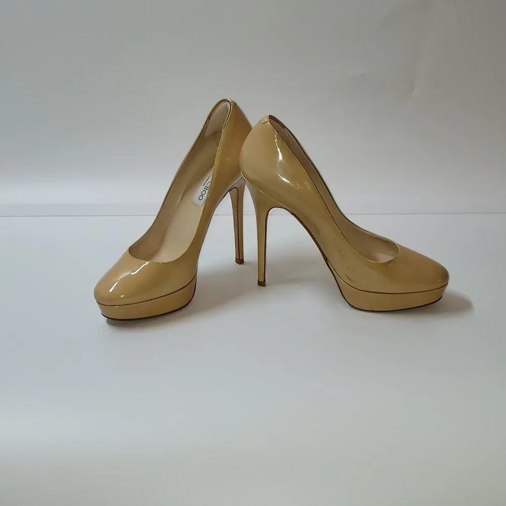 Jimmy Choo Victoria Tan Patent Leather Almond Toe Platform Pumps Women 38/US 8